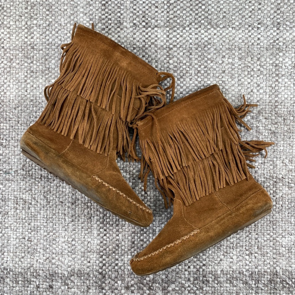 Minnetonka Moccasin Boots Women 9.5 Brown Suede Double Fringe 84653